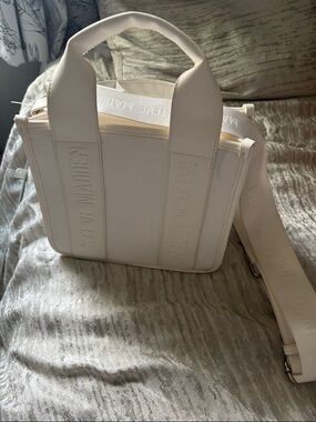 Steve Madden White-Cream Structured Tote with Detachable Jacquard Strap